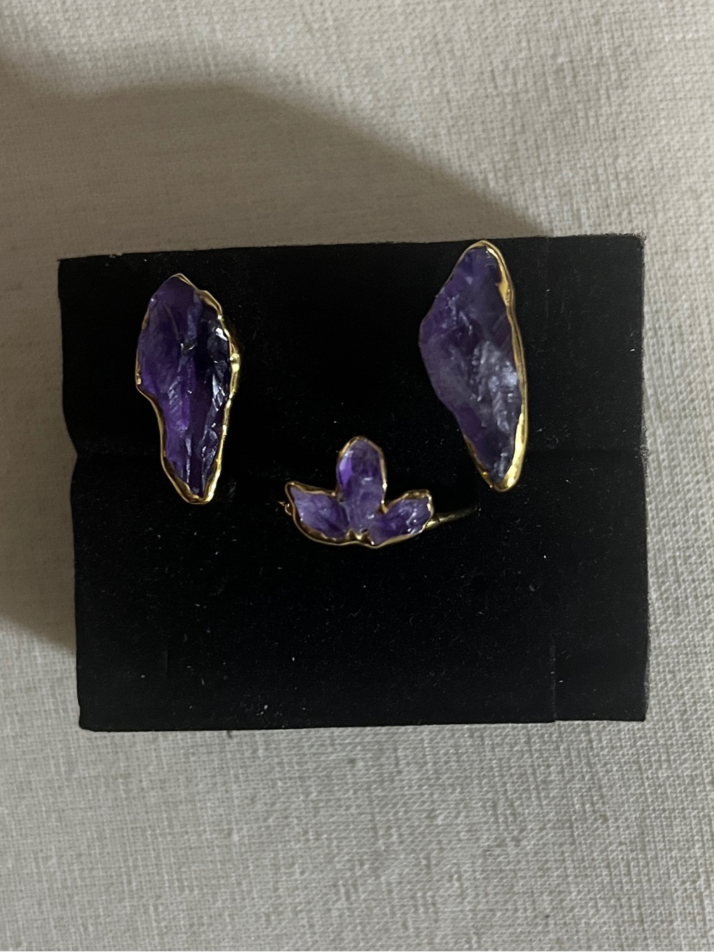 Ringcrush 18K Yellow Gold Filled Amethyst Fan Ring and Large Stud Earring Set